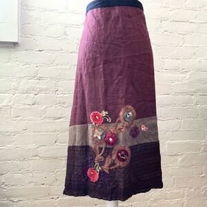 Vintage Handmade Long Apron Skirt Embroidered Flowers Linen Blend Boho Cottage
